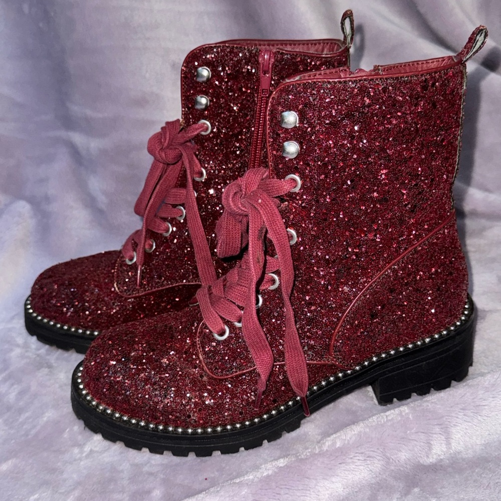 Red Sparkly Combat Boots with Studded Details